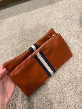 Funky Monkey Cognac Brown Foldover Clutch Navy White Stripe Faux Leather